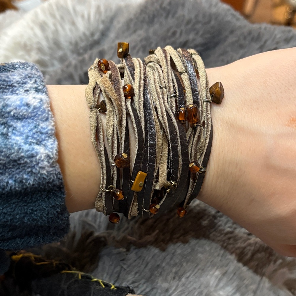 Vintage Layered Taupe and Brown Leather Wrap Bracelet with Amber Beads